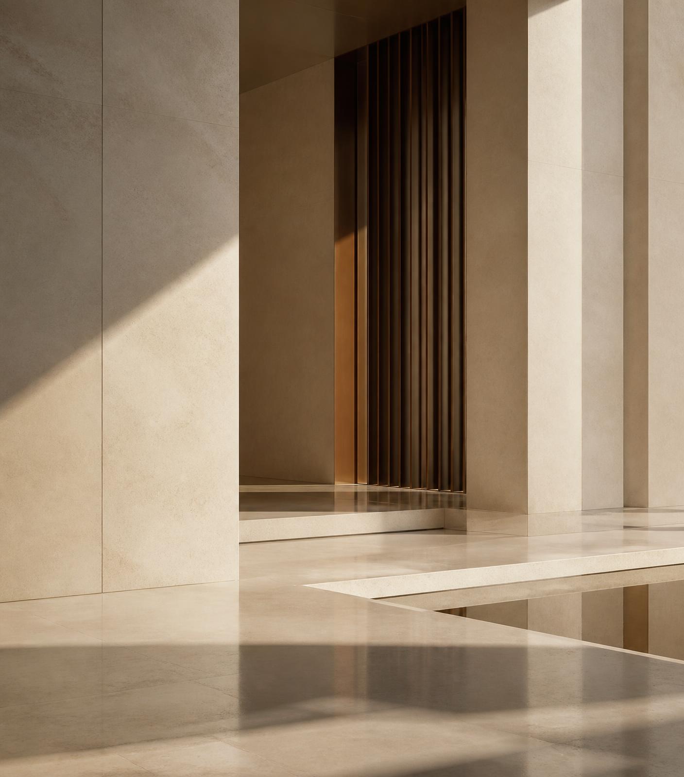 Abstract architectural composition in warm stone and bronze light